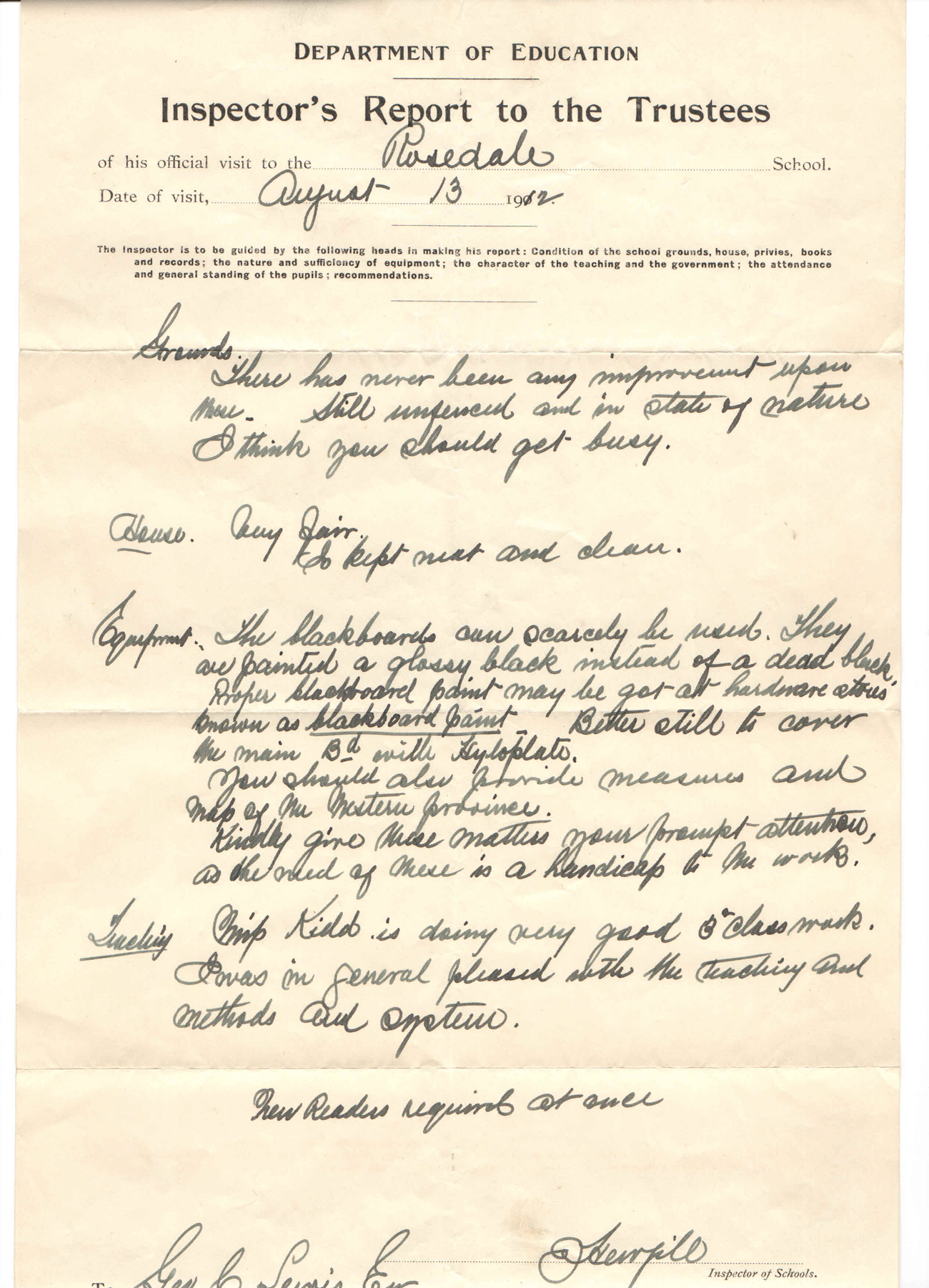 Rosedale school district 145, near Vandura, Kelso, Fairmede, Langbank in the Rural Municipality of Silverwood No. 123, at section 22 township 12 range1 west of the 2nd meridian, School Inspection Report 1912,